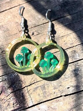 Handmade Green Mushroom Hoop Earrings